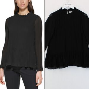 Calvin Klein Women's Solid-Hued Pleated Blouse - Black - Size L